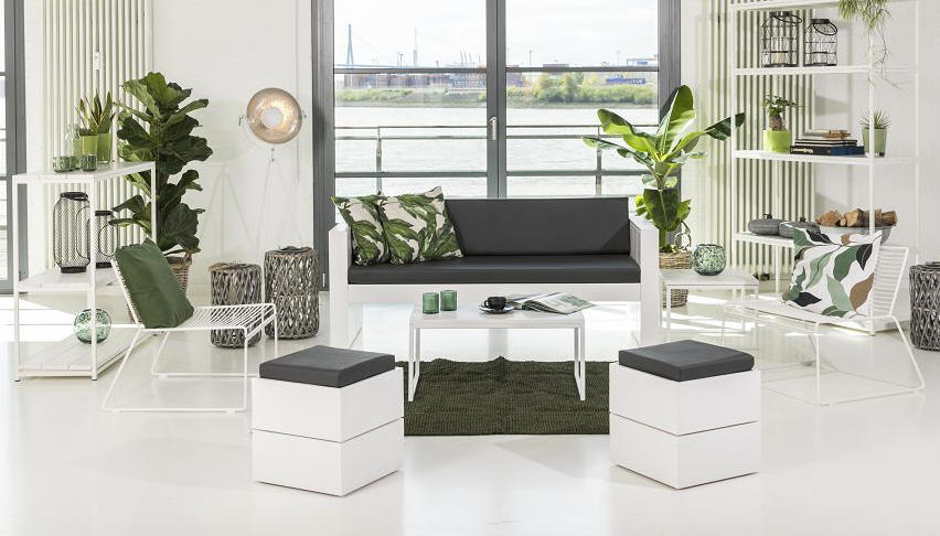 Sylt GREY Hocker in moderner Lounge mit weißem Mobiliar