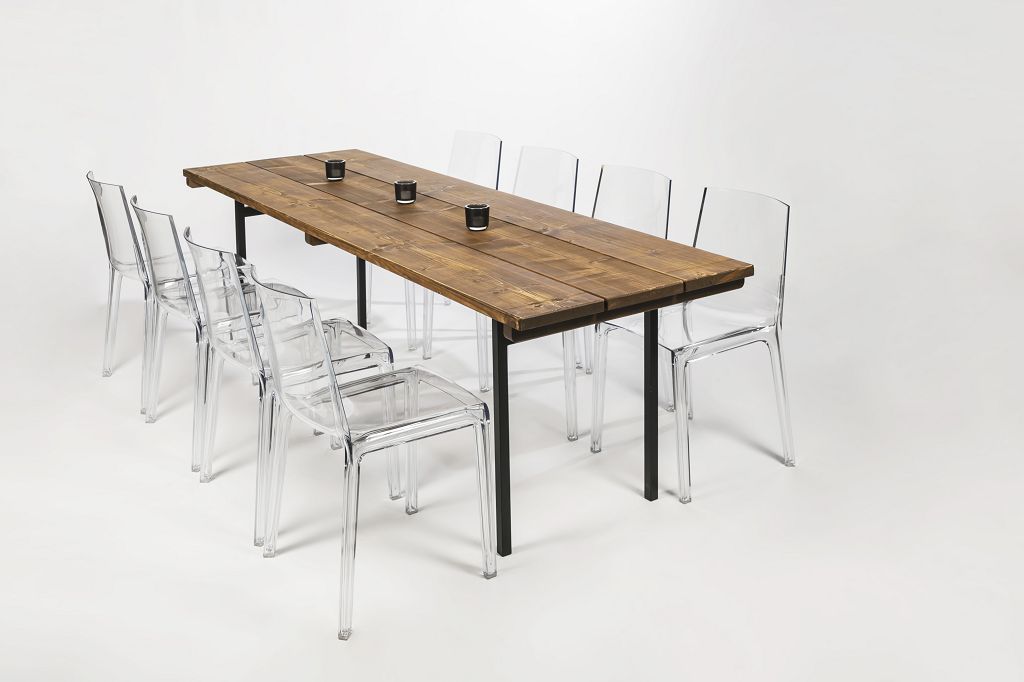 Dinnertisch Bari classic XL/80 mit transparenten Stühlen im Aufbau